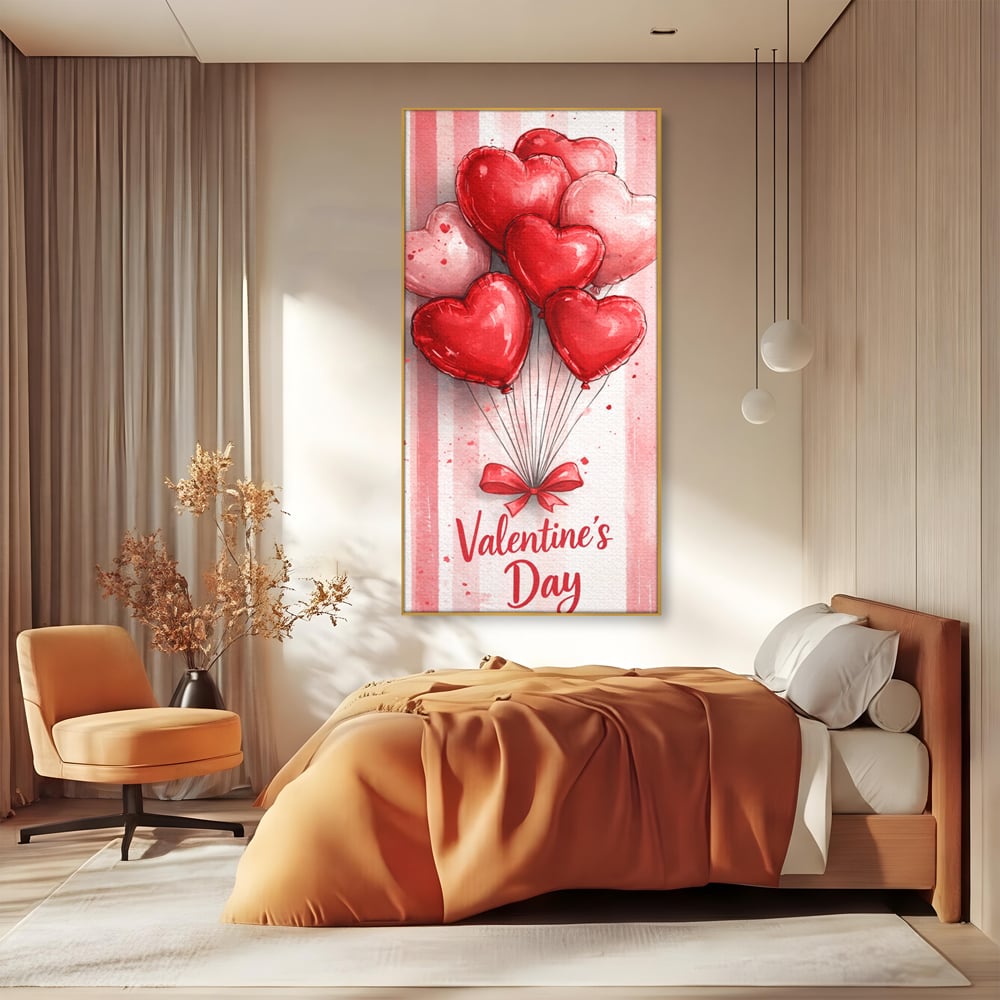 Tablou canvas cu illustratie verticala cu baloane rosii in forma de inima, in rama de aluminiu auriu, pe perete intr-un dormitor